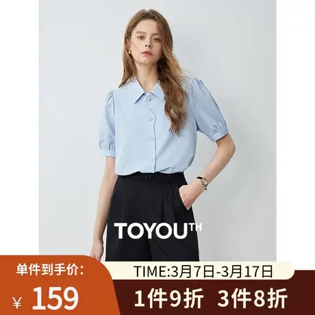TOYOUTH初语法式花瓣门襟短袖衬衫女2024夏季新款翻领泡泡袖上衣商品大图