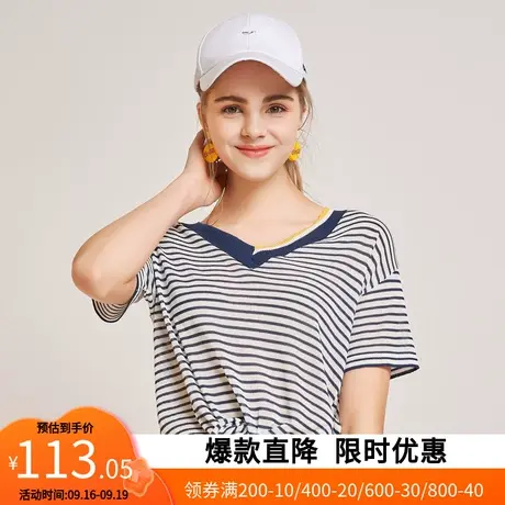【艾格】2023夏新款V领女针织衫横条纹撞色下摆系带时尚上衣女商品大图