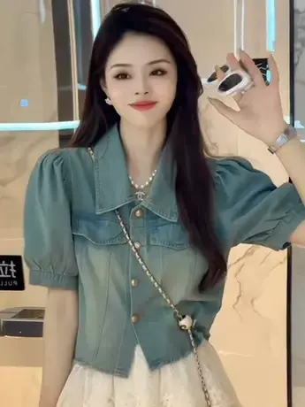 法式泡泡袖牛仔短袖衬衫女2023夏季新款时尚设计感小众上衣小个子商品大图