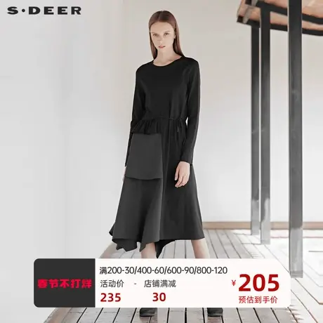 sdeer圣迪奥女装时尚圆领抽绳格纹拼接长袖连衣裙S21461231图片
