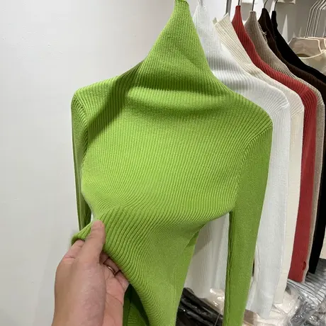 纯色百搭坑条紧身弹力针织打底衫女上衣2022秋冬新款内搭高领毛衣商品大图