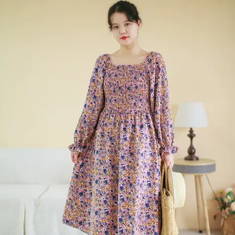 胖妹妹秋2023新品复古灯芯绒长袖连衣裙大码微胖修身显瘦优雅长裙商品大图