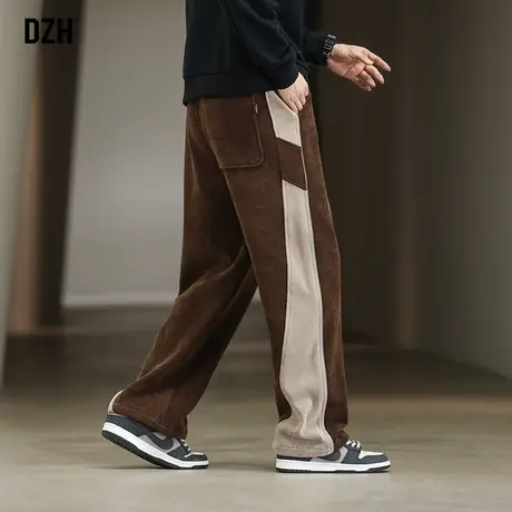 男士撞色灯芯绒裤子男款美式高街2023新款休闲直筒裤垂感阔腿秋季图片