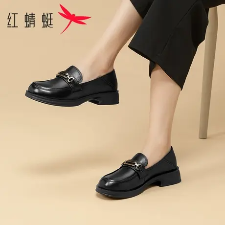 红蜻蜓女鞋休闲时尚女款小皮鞋一脚蹬轻便妈妈鞋英伦风厚底乐福鞋图片