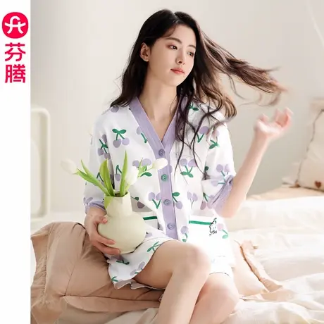 芬腾睡衣女夏季薄款纯棉短袖V领套装甜美休闲大码舒适全棉家居服商品大图