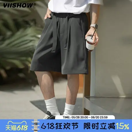 VIISHOW夏季高级感腰带直筒西装短裤男女潮牌纯色百搭阔腿五分裤商品大图