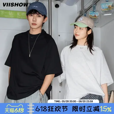 VIISHOW刺绣t恤男夏季2025新款潮牌短袖美式男款情侣装半袖上衣商品大图