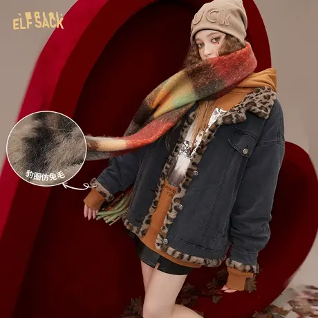 妖精的口袋拼接豹纹灰色牛仔外套女2022秋冬季新款复古加厚设计感图片