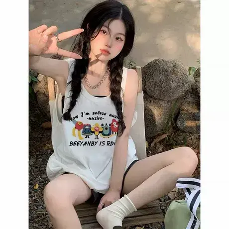 纯棉港风吊带坎肩背心无袖t恤女2025夏季外穿高级感宽松挂脖上衣图片
