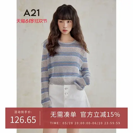 A21女装两件套套头长袖线衫春秋季破洞条纹长袖T恤商品大图