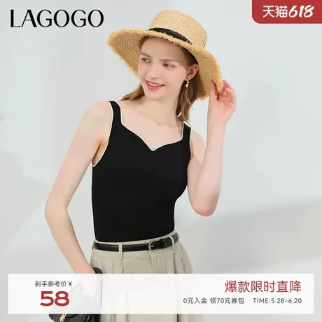 LAGOGO美式短款V领毛针织衫女拉谷谷夏季新款修身黑色吊带上衣商品大图
