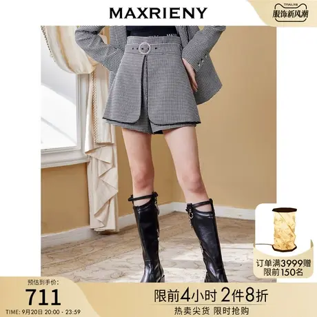 MAXRIENY千鸟格搭片式短裤秋季新款休闲裤复古商品大图