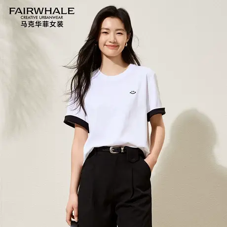 马克华菲基础款圆领笑脸印花短袖T恤女夏季撞色宽松凉感防晒上衣图片