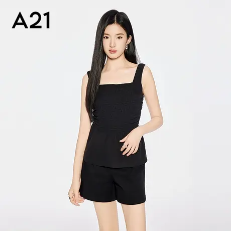 A21女装黑色方领薄款无袖衬衫2025夏季新款简约修身显瘦褶皱上衣图片