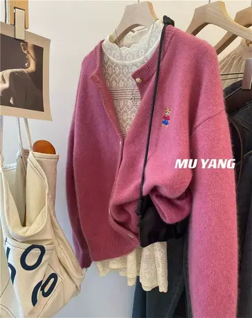 每颗纽扣都精致~刺绣小熊圆领羊绒毛衣针织衫外套 秋冬开衫上衣女商品大图