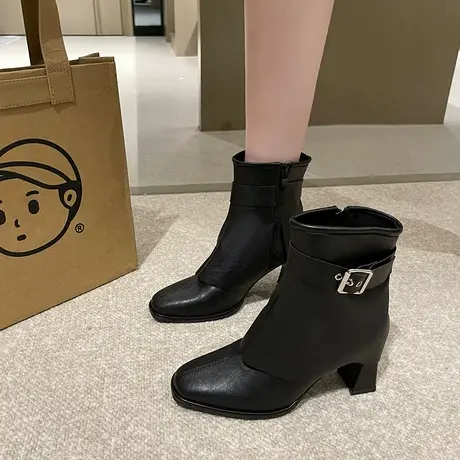 洋气小短靴女粗跟高跟女靴子2023新款高级时装炸街显瘦气质马丁靴图片