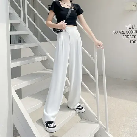 白色阔腿裤女垂感高腰2024夏季新款复古百搭宽松显瘦直筒休闲长裤商品大图