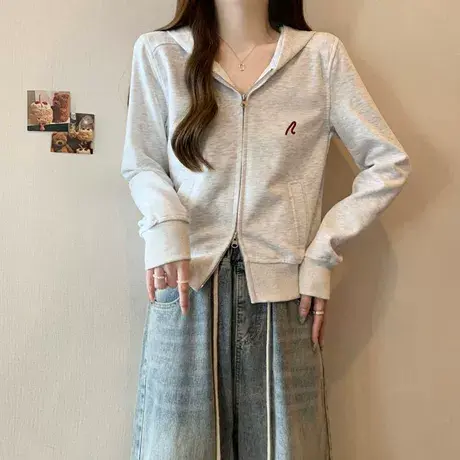 美式复古双拉链连帽卫衣女春秋季宽松韩版薄款短款小个子长袖上衣商品大图