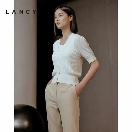 LANCY/朗姿2024夏季新款白色坑条针织开衫女透气亲肤薄款上衣商品大图