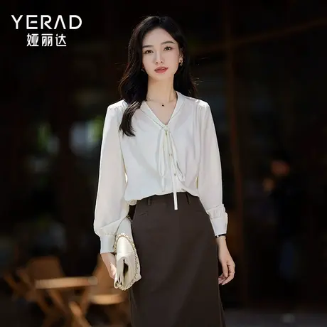 娅丽达法式别致优雅系带v领衬衫女2025秋季新款上衣宽松长袖衬衣商品大图