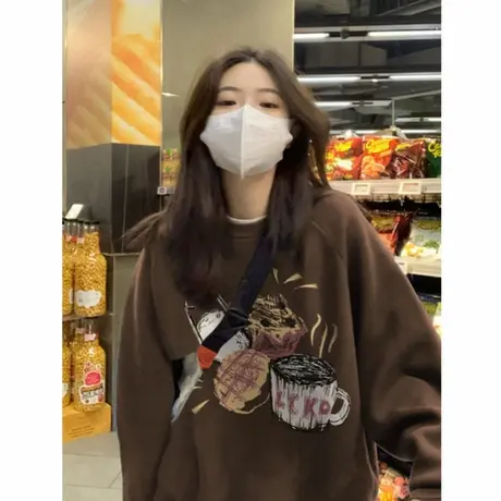 棕色卫衣女2025新款秋季百搭韩系慵懒风加绒加厚宽松圆领无帽上衣商品大图