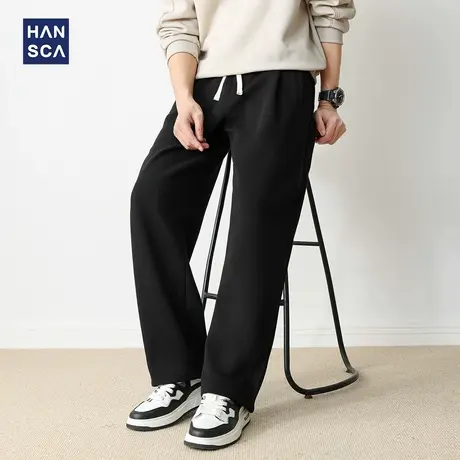 hansca秋季宽松休闲运动卫裤男款2025新款撞色抽绳黑色直筒长裤子图片