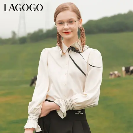 Lagogo拉谷谷秋季新款领米白色长袖衬衫女学院风米白色泡泡袖上衣商品大图