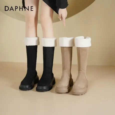 达芙妮雪地长筒靴女2025新款秋冬不过膝靴子厚底加绒毛毛骑士靴女图片