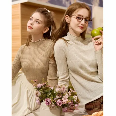 唐狮半高领内搭打底衫女新款秋冬美拉德风棕色修身薄款针织衫TD图片