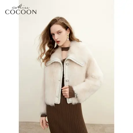 missCOCOON轻奢时尚2023冬装新款女大翻领设计拼接粗纺羊毛皮草商品大图