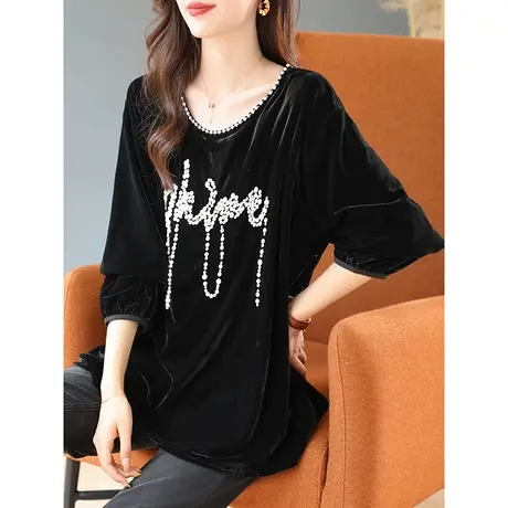 宝诗黎圆领钉珠长袖丝绒雪纺衫2023早秋新款宽松女装休闲打底上衣商品大图