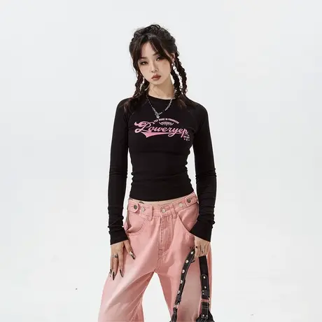 YEP复古紧身短款长袖t恤女2023新款秋冬美式潮牌辣妹风内搭打底衫商品大图