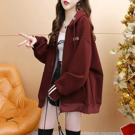加绒加厚连帽卫衣开衫女2023新款秋冬宽松慵懒风百搭oversize外套商品大图