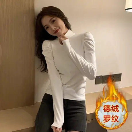 双面德绒保暖纯色打底衫秋冬季加绒加厚半高领修身百搭长袖t恤女商品大图