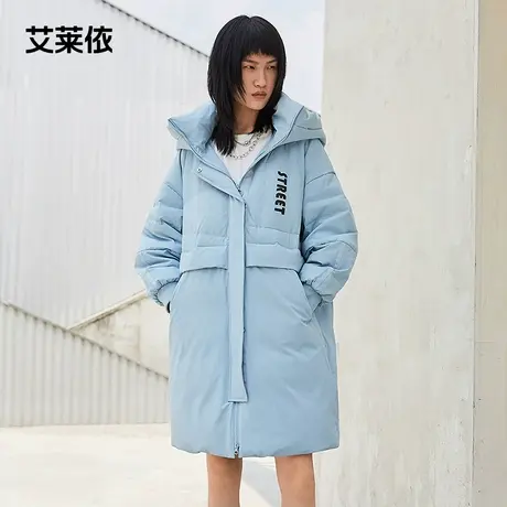 艾莱依新款印花羽绒服女中长款时尚撞色连帽防风保暖外套冬图片
