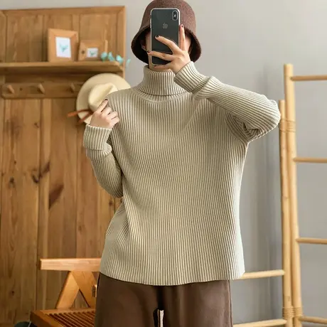 dza 复古短款粗绒加厚高领毛衣女秋冬纯色内搭打底衫宽松针织上衣商品大图