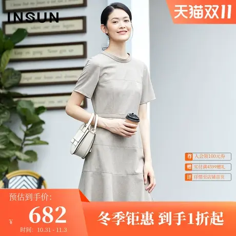 恩裳商场同款夏季经典时尚圆领短袖收腰修身中长款连衣裙图片