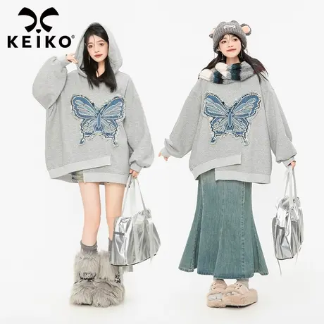 KEIKO [加密绒]刺绣蝴蝶加绒卫衣2023秋冬慵懒风oversize加厚外套商品大图