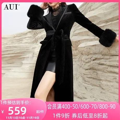 AUI黑色气质高端丝绒毛呢外套女2023冬新款名媛过膝长款呢子大衣商品大图