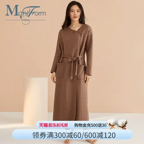 曼妮芬棉质生活家居服长款全棉针织圆领系带开襟长袖睡袍女图片
