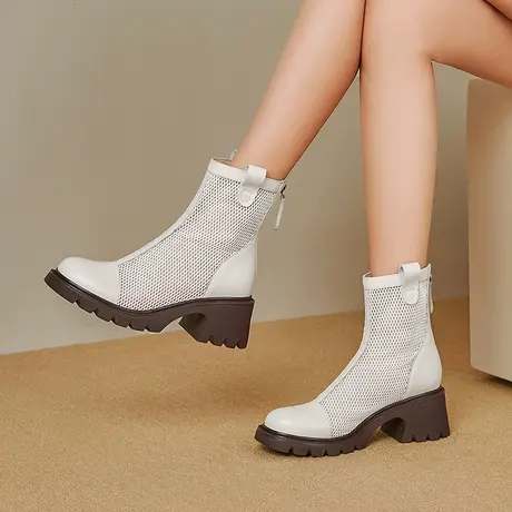 百搭真皮薄款马丁靴女透气夏季网纱透气凉靴镂空拉链厚底增高短靴商品大图