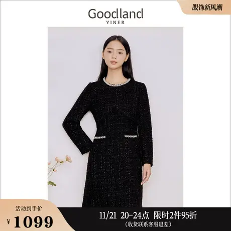 [小香风]Goodland美地女装2023冬季手工钉珠花边A字连衣裙图片