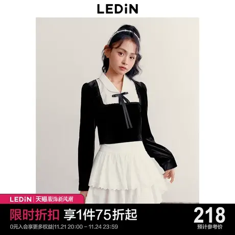 乐町精致拼接丝绒上衣23年秋冬新款可拆蝴蝶结千金风短款内搭上衣图片