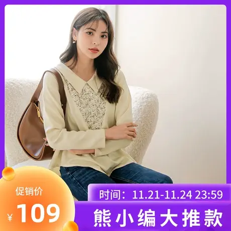 桔熊春秋季通勤衬衫领手绘印花拼接雪纺衫长袖上衣女大码AB16702商品大图