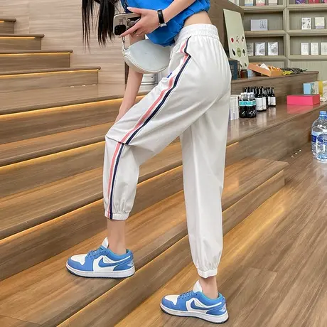 断码清仓白色冰丝速干运动裤女小个子夏季薄款宽松束脚显瘦休闲裤商品大图