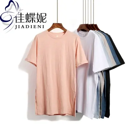 春夏短袖T恤韩版宽松中长款纯色纯棉两侧边高开叉开衩竹节棉女装商品大图