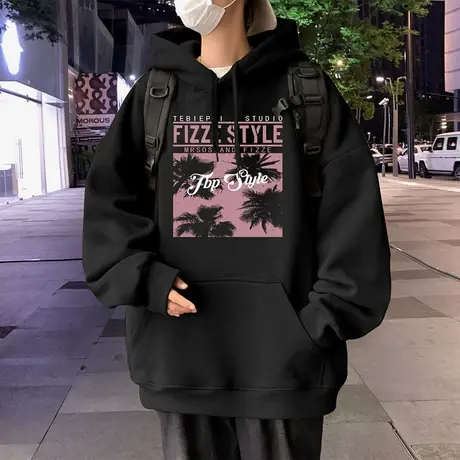 重磅美式椰树印花卫衣男春秋季oversize宽松休闲连帽上衣潮牌外套商品大图