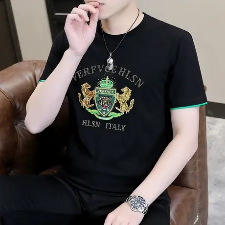 t恤男夏季冰丝烫钻短袖体恤男士高端半袖圆领刺绣上衣百搭打底衫商品大图