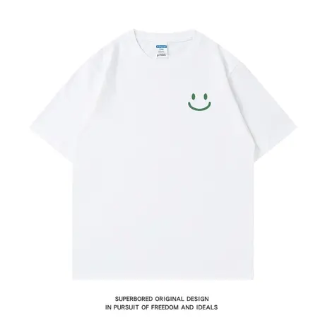 夏季潮牌简约笑脸印花短袖白色t恤男学生情侣装打底衫半袖体恤商品大图