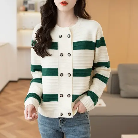 2023秋装新款韩版宽松条纹圆领针织衫双排扣外套毛衣长袖开衫女士商品大图